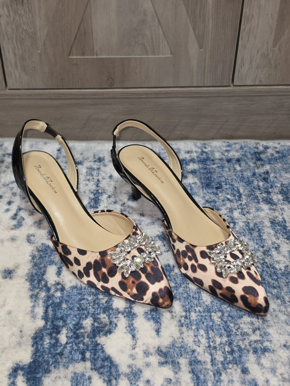 Leopard Print Slingback Heels with Crystal Buckle